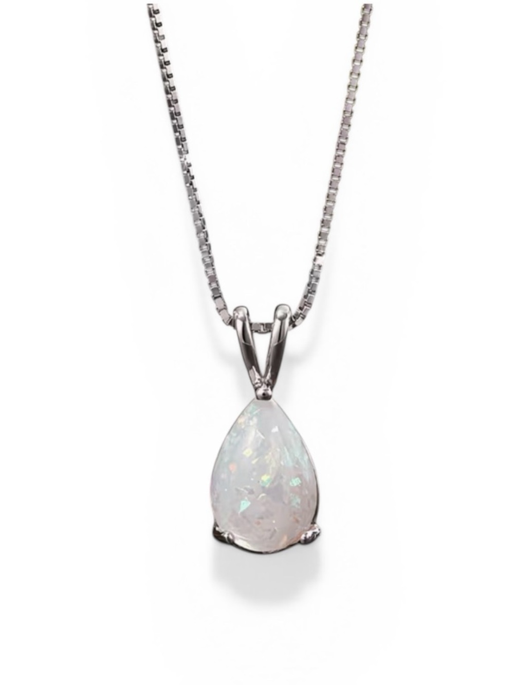 Sterling Silver Teardrop White Fire Opal Pendant Necklace.